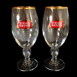 Stella Artois BELGIUM Beer Glass 33 cl Chalice Goblet Starburst Thumb Set of 2